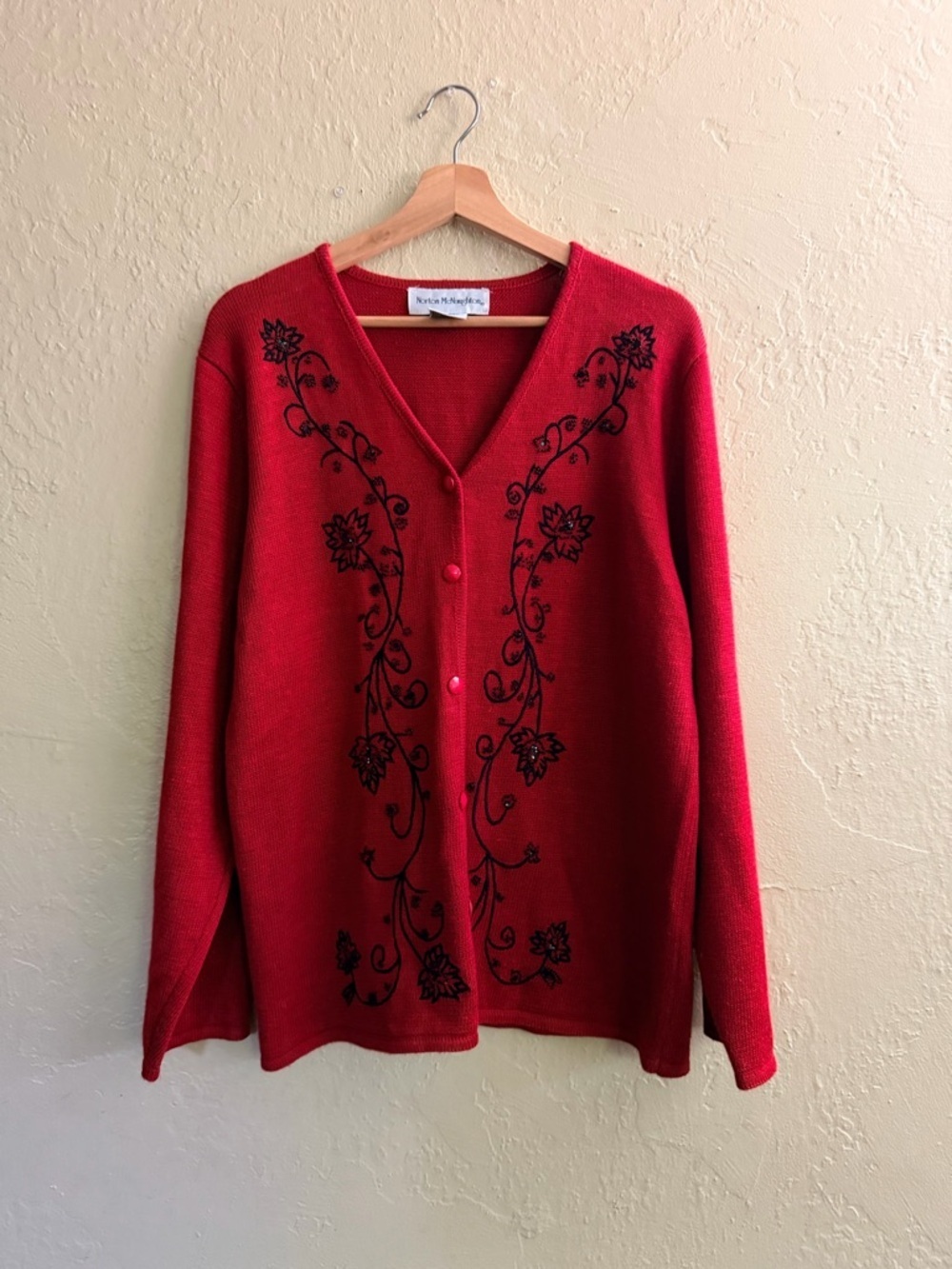 Norton McNaughton Red V-Neck Cardigan with Black Floral Embroidery